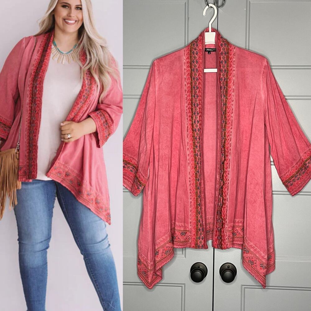 Andree by Unit Pink Open Front Kimono Topper Embroidered Trim Size Large
